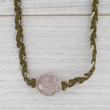 New Nina Nguyen Cordelia Woven Necklace White Druzy Quartz Pendant Green Leather