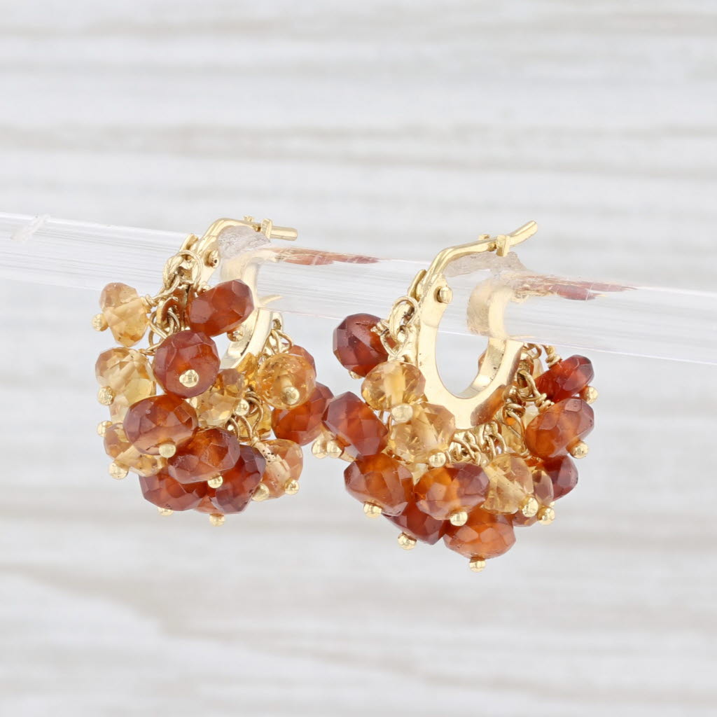 Light Gray Talisman Hessonite Garnet Citrine Bead Hoop Earrings 18k Yellow Gold Snap Top