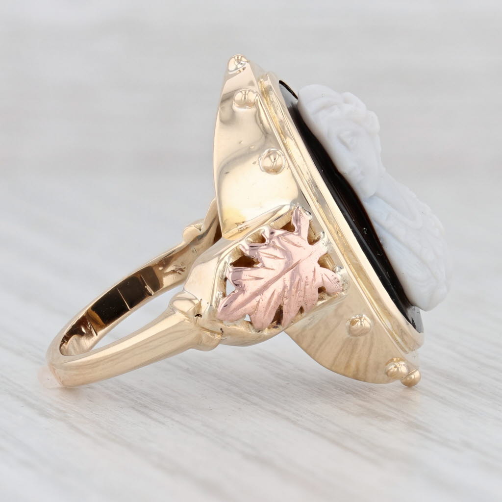 Light Gray Antique Chalcedony Black & White Cameo Ring 14k Yellow Rose Gold Size 6.25