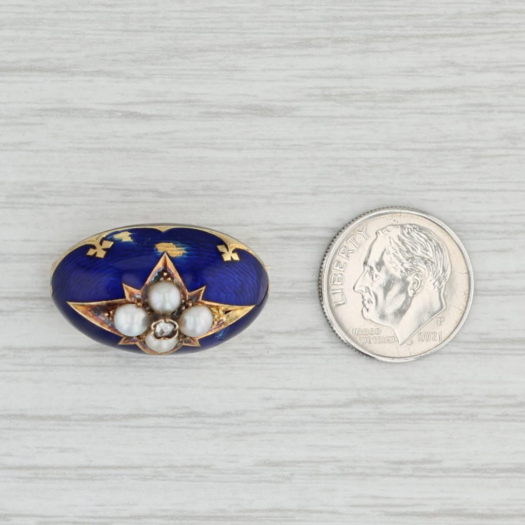 Light Gray Antique Pearl Diamond Enamel Brooch 14k Gold Enamel Pin