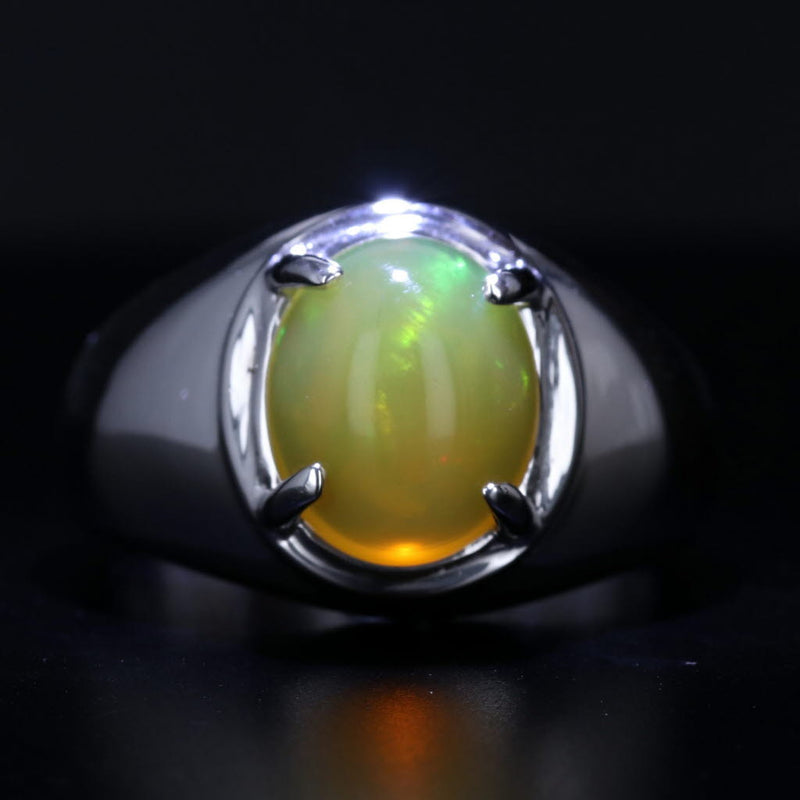 Black Yellow Opal Ring 14k White Gold Size 8.25 Oval Cabochon Solitaire
