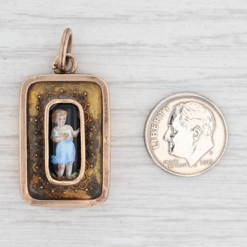 Antique Figural Pendant 14k Gold Hand Painted Porcelain 1800s Jewelry Charm Fob