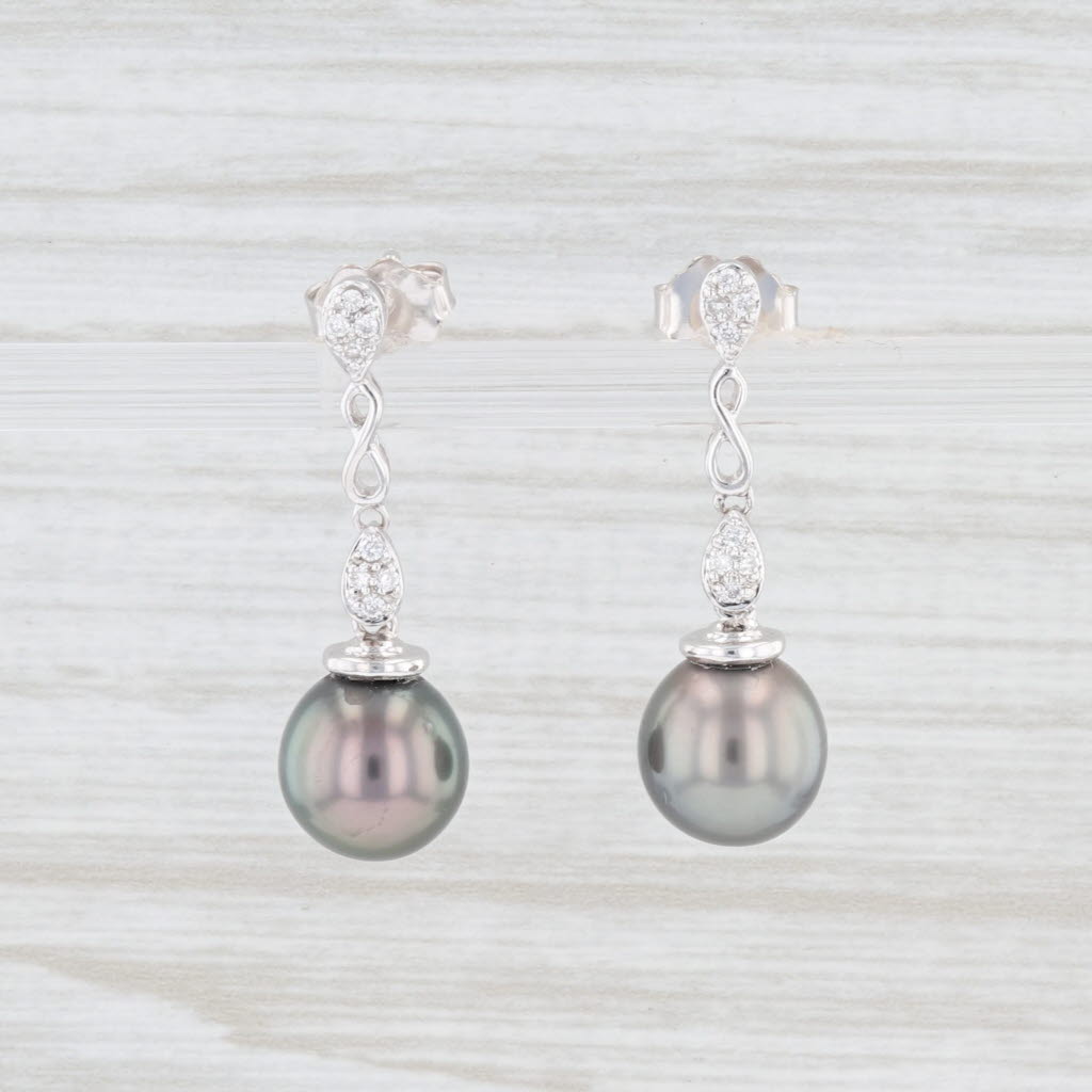 Light Gray Cultured Black Pearl Diamond Dangle Earrings 14k White Gold Pierced Drops