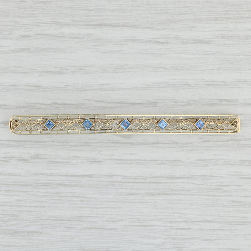 Light Gray Vintage Art Deco 0.70ctw Blue Sapphire Floral Filigree Bar Pin 14k Gold Brooch