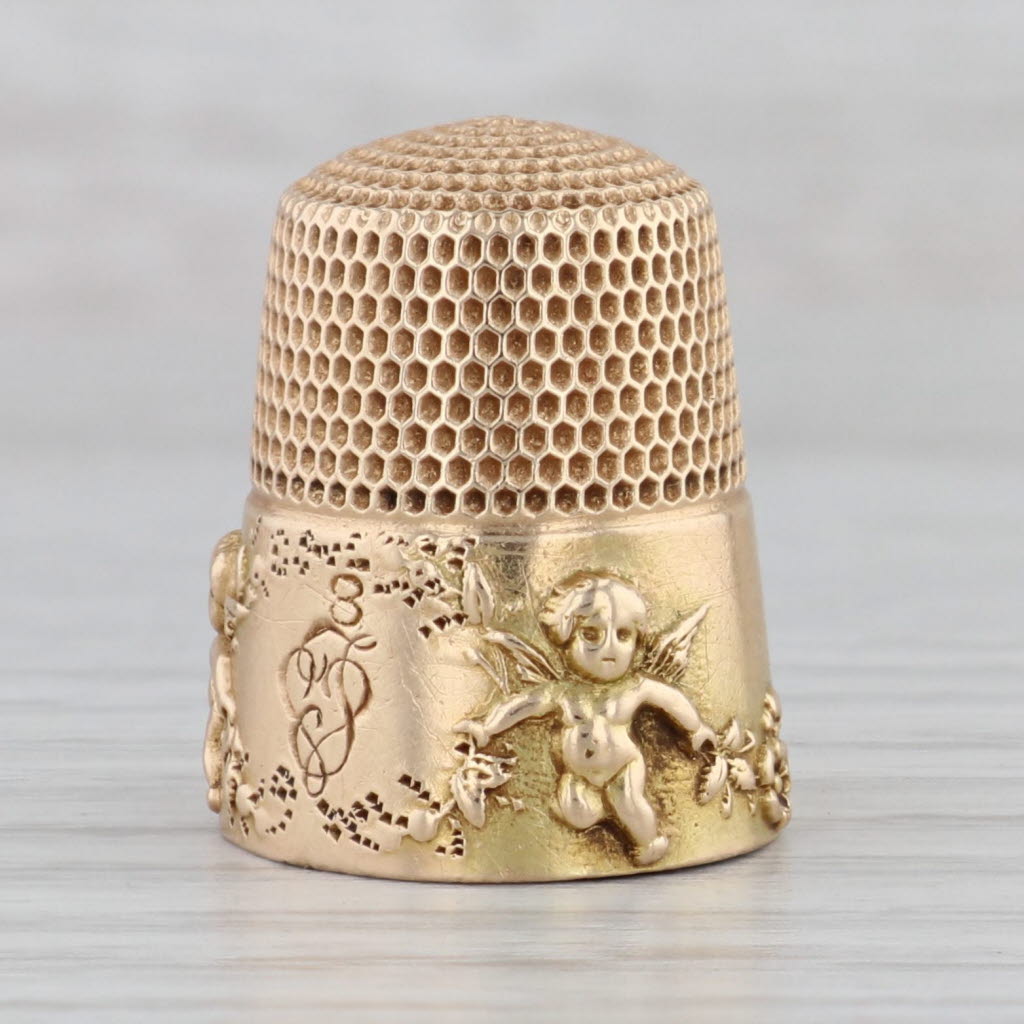 Gray Vintage Simons Bros Cherub Thimble 14k Yellow Gold Letter T Heart Size 8