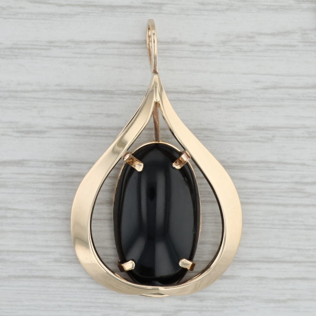 Gray Black Nephrite Jade Oval Cabochon Teardrop Pendant 14k Gold Artisan Signed