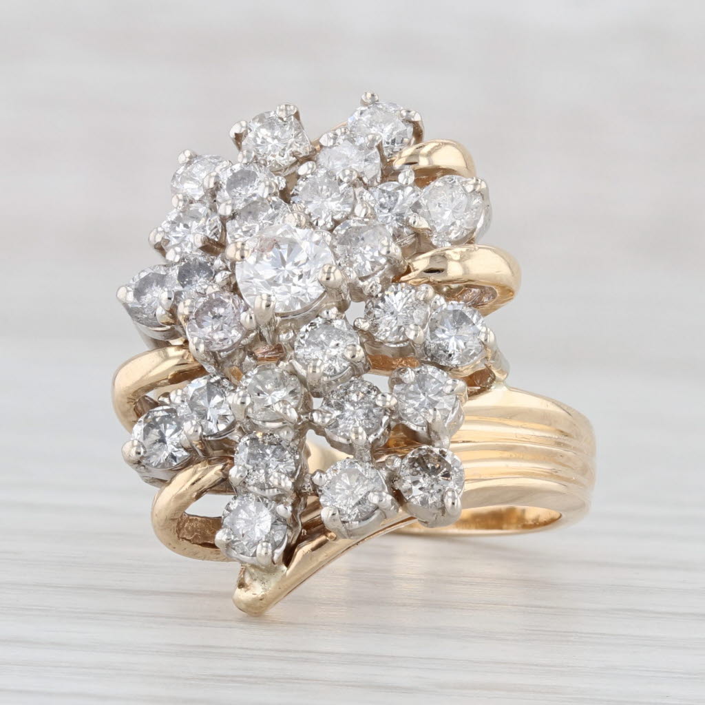 Light Gray 3ctw Diamond Cocktail Ring 14k Yellow Gold Bypass Cluster Size 6.75