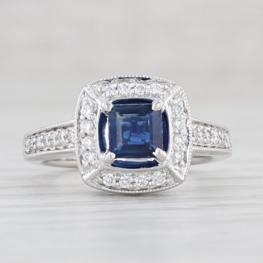 Light Gray 0.67ctw Blue Sapphire Diamond Halo Ring 14k White Gold Size 4.75 Engagement