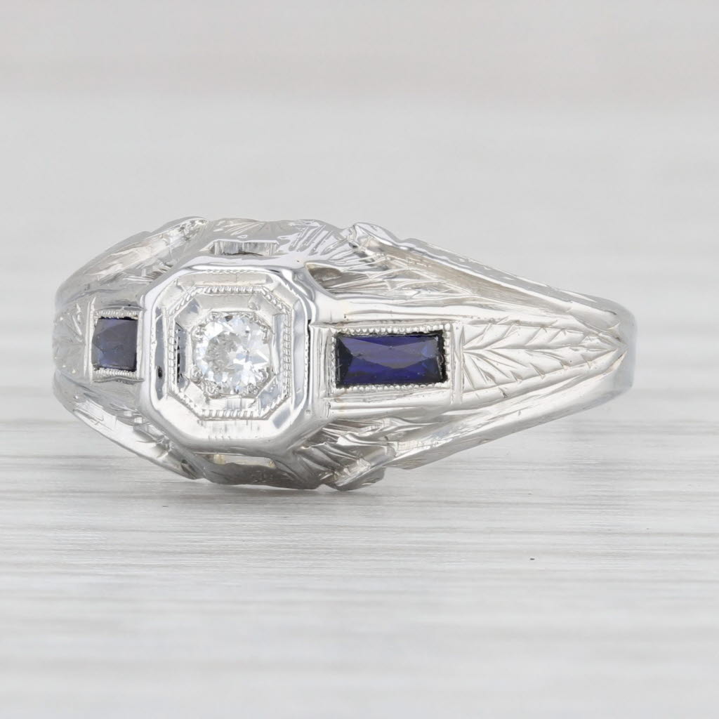 Light Gray Art Deco Diamond Lab Created Sapphire Ring 18k White Gold Engagement Size 9.25