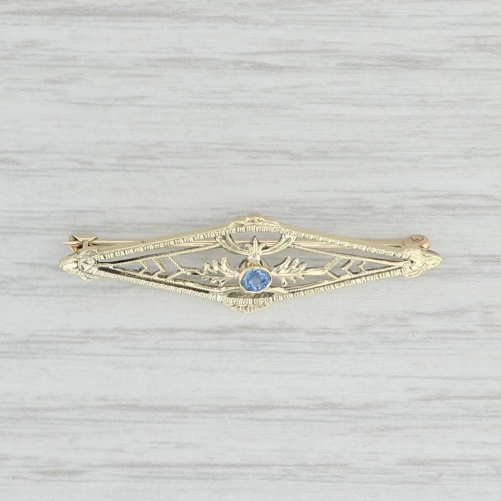 Light Gray Vintage 0.15ct Lab Created Sapphire Filigree Brooch 14k Yellow Gold Pin