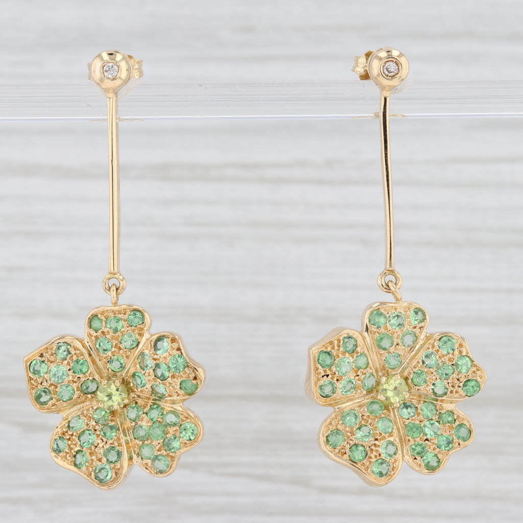 Light Gray 2.37ctw Tsavorite Peridot Diamond 4-Leaf-Clover Dangle Earrings 18k Yellow Gold