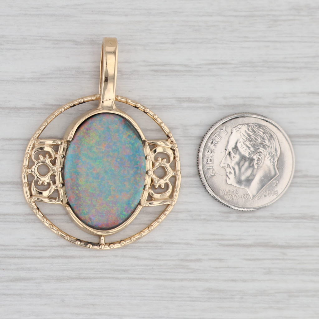 Gray Multi-Color Opal Doublet Solitaire Pendant 18k Yellow Gold Ornate Statement