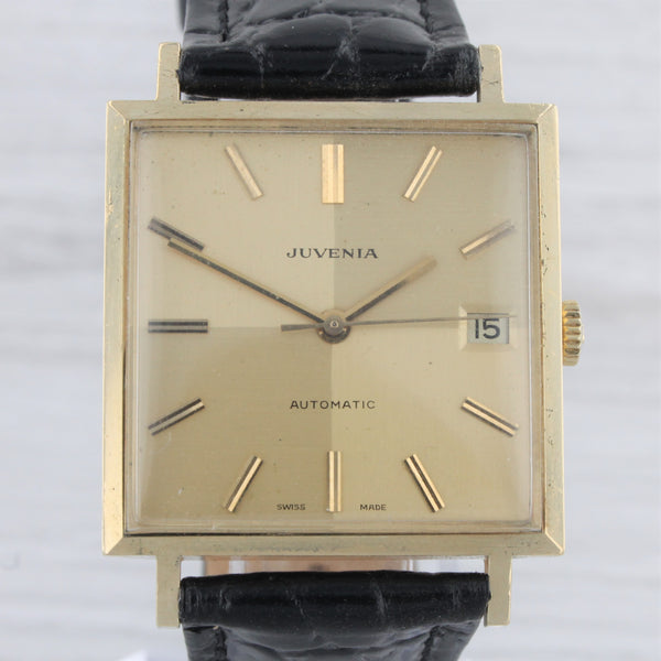 Tan Vintage Juvenia 18k Solid Yellow Gold Mens Automatic Square Watch Quadrant Dial