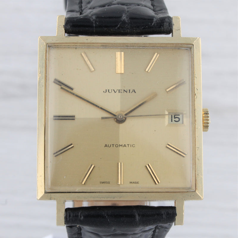 Vintage Juvenia 18k Solid Yellow Gold Mens Automatic Square Watch