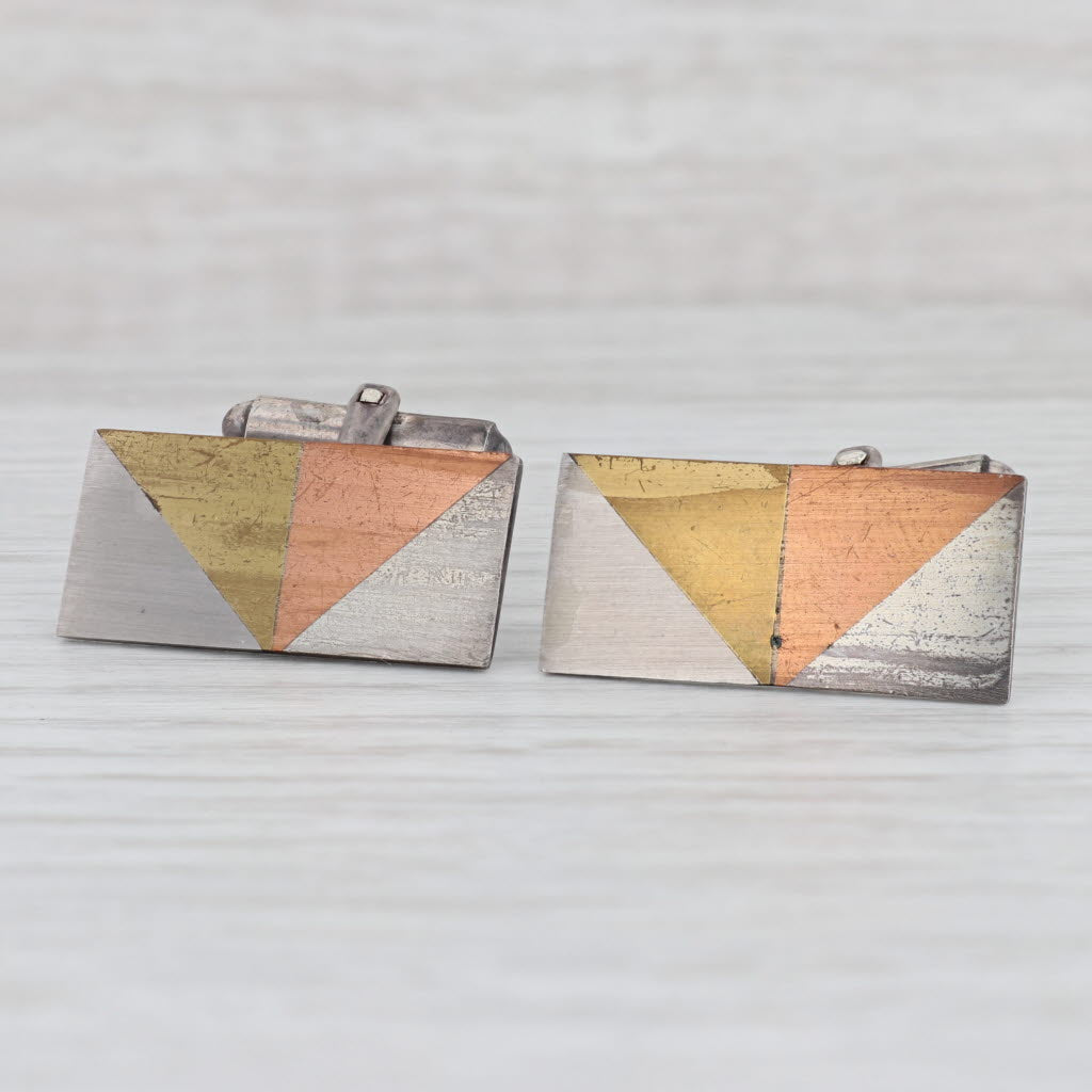 Light Gray Vintage Modernist Rectangle Cufflinks Sterling Silver Copper Brass Mexico