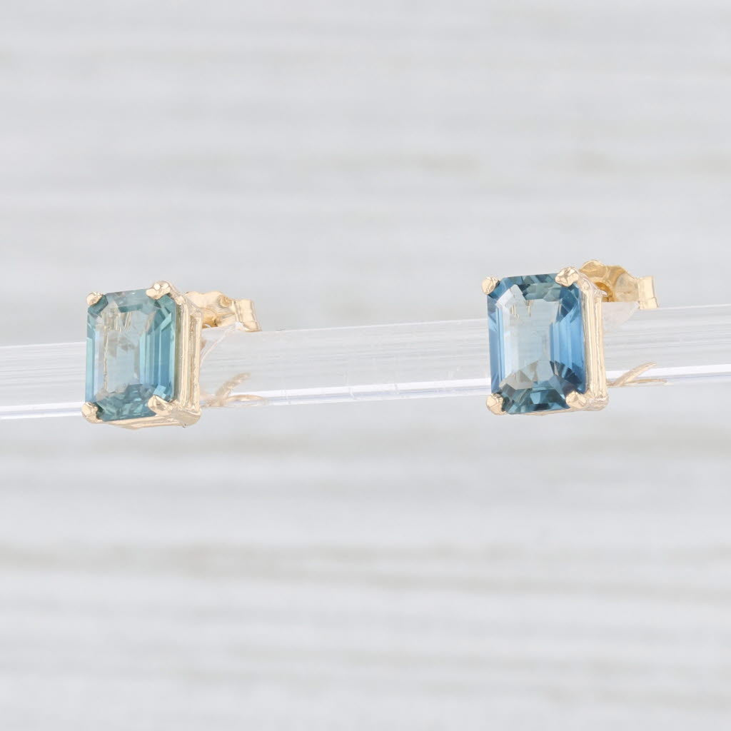 Light Gray New Blue Sapphire Stud Earrings 14k Yellow Gold Emerald Cut Solitaire