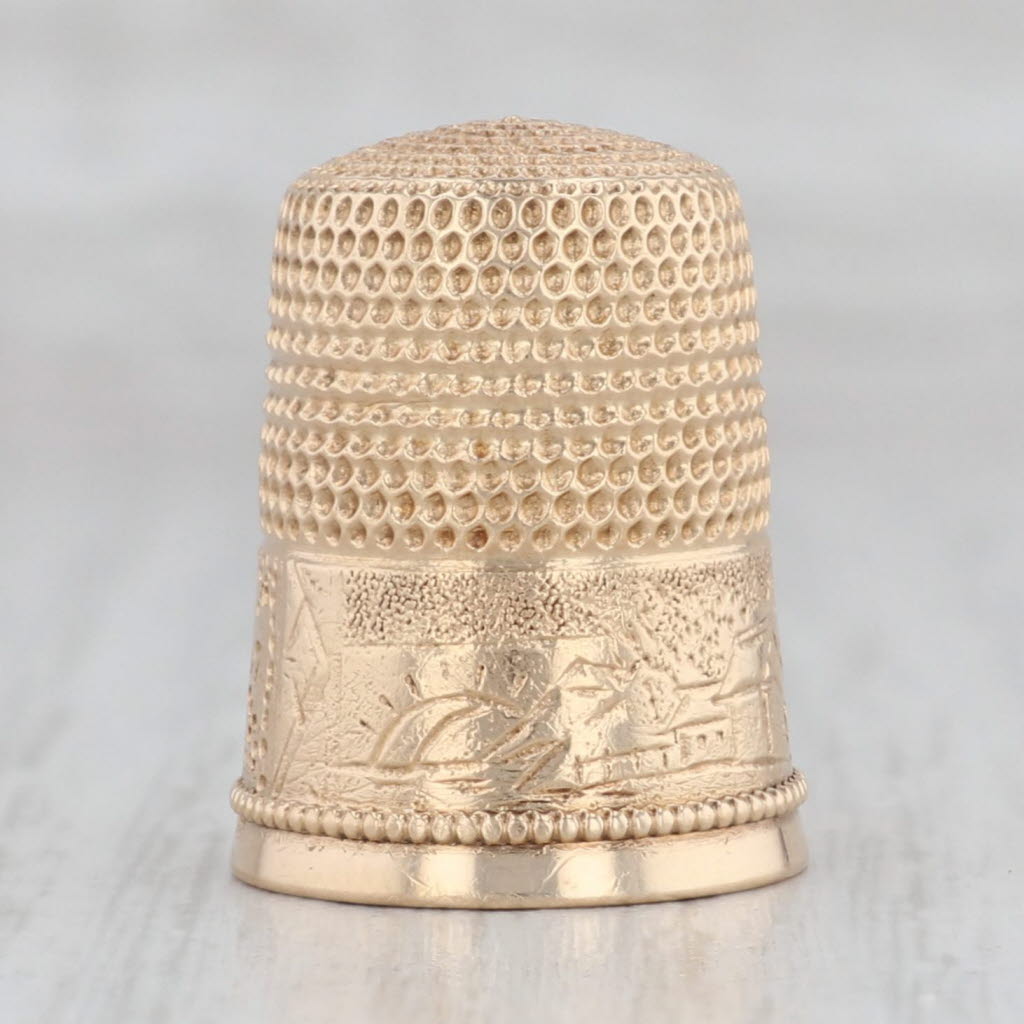 Gray Antique Simons Bros Mountain Scene Thimble 14k Yellow Gold Engraved Sewing