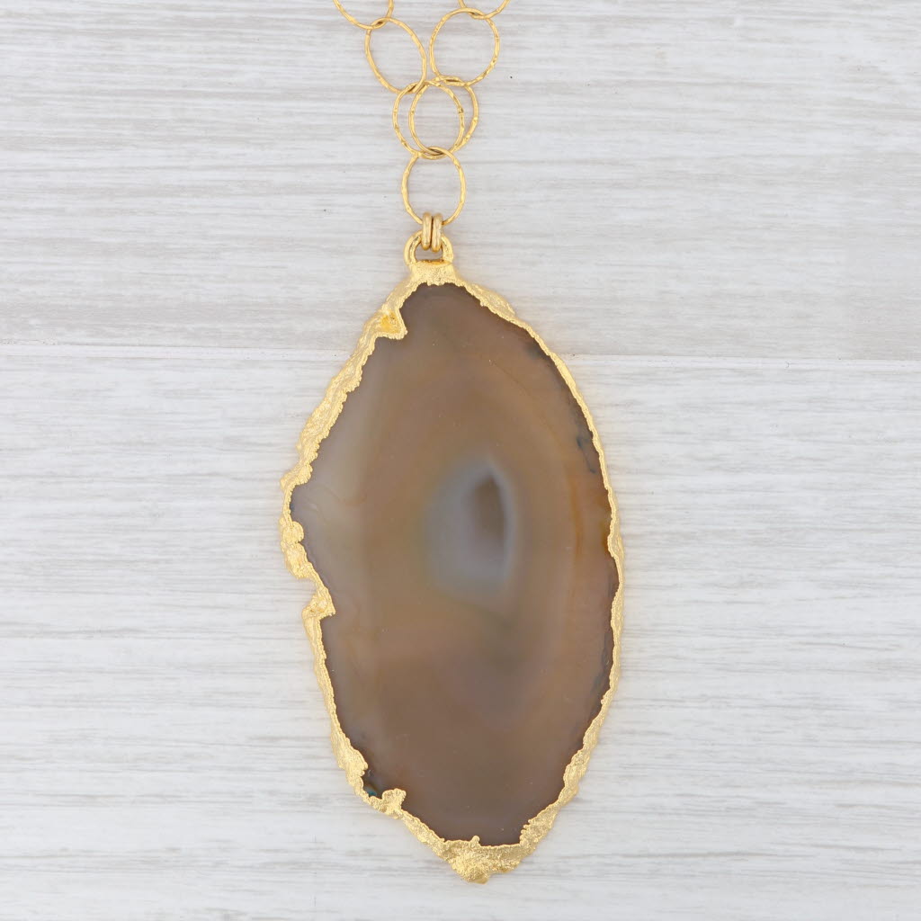 Light Gray New Nina Nguyen Agate Slice Statement Pendant Necklace Sterling Gold Vermeil 30"