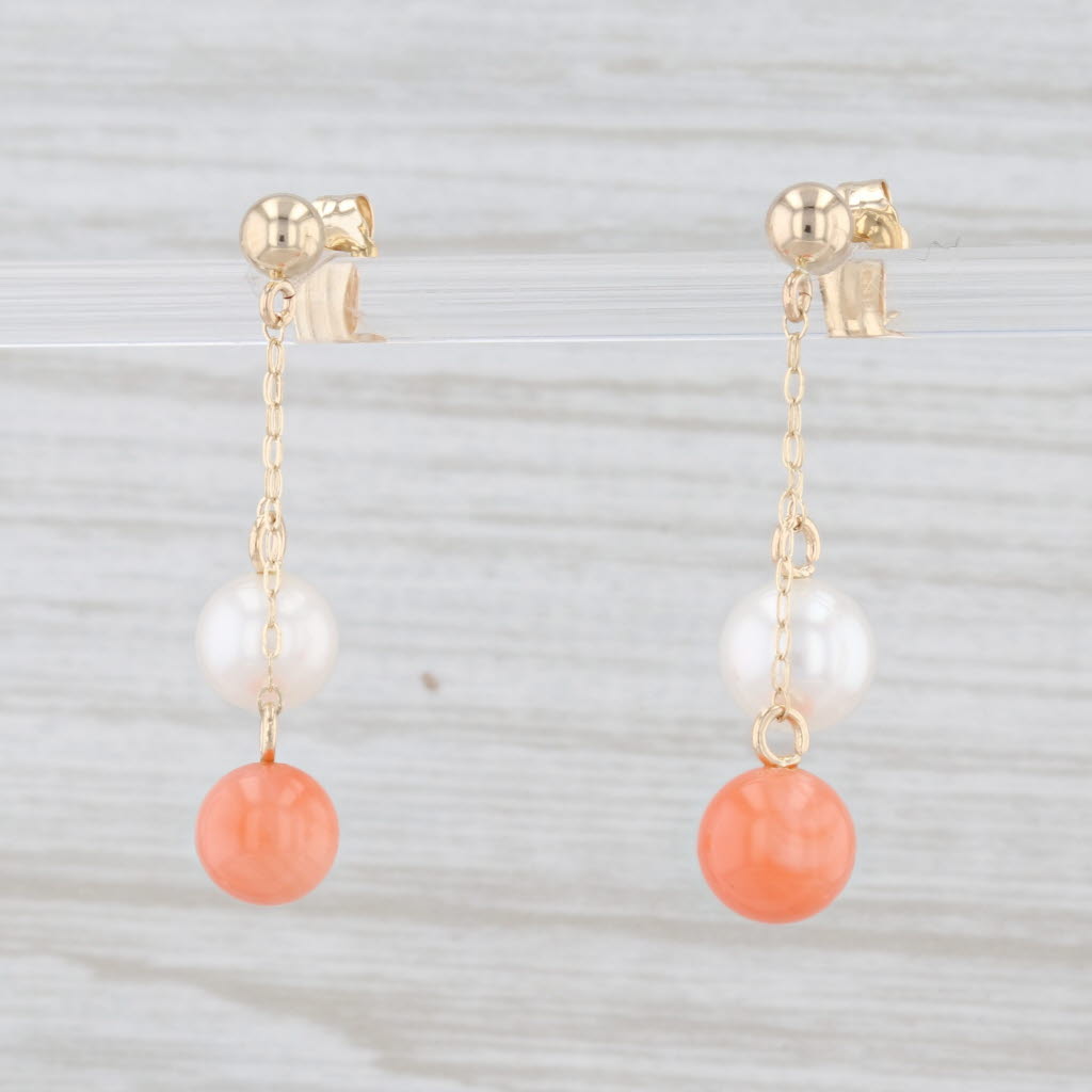 Light Gray Vintage Cultured Pearl Coral Bead Dangle Earrings 14k Yellow Gold Pierced Drops