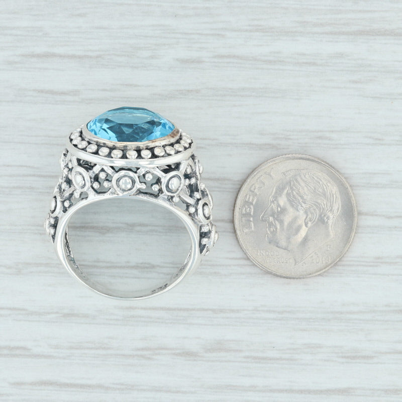 Blue Glass Cocktail Ring Sterling Silver Size 7.5 Simulated Blue Topaz Signet