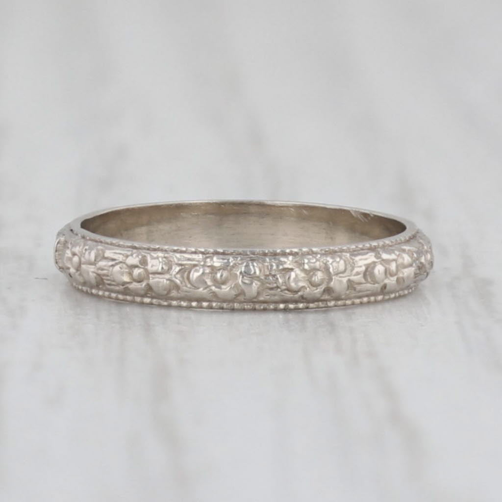 Light Gray Antique Floral Baby Ring 10k White Gold Small Size Band Keepsake