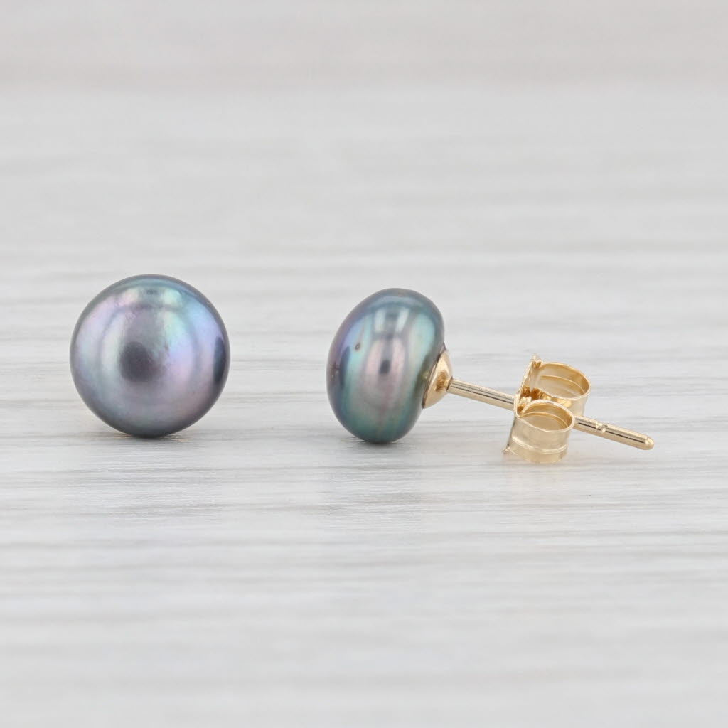 Light Gray Cultured Black Pearl Stud Earrings 14k Yellow Gold Pierced Studs