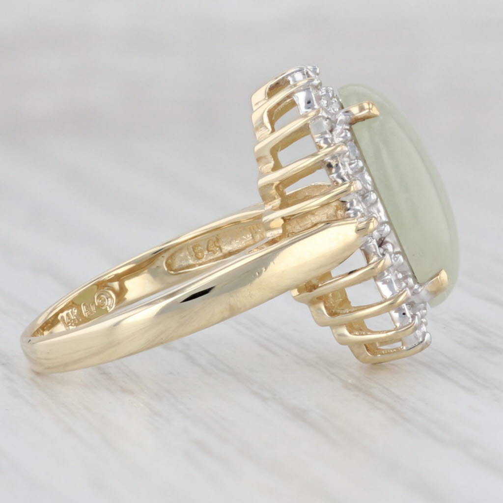 Light Gray Green Jadeite Jade Oval Cabochon Diamond Halo Ring 14k Yellow Gold Size 6.75