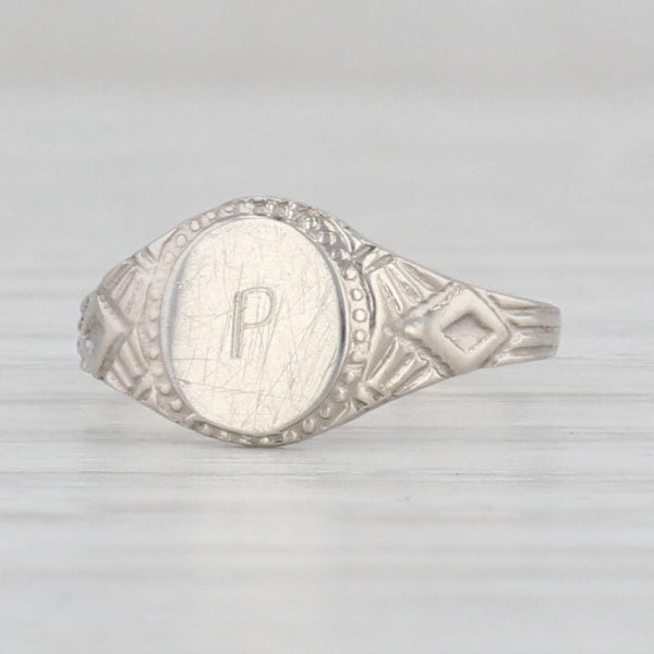Light Gray Vintage Engraved Letter "P" Signet Baby Ring 14k White Gold Small Size
