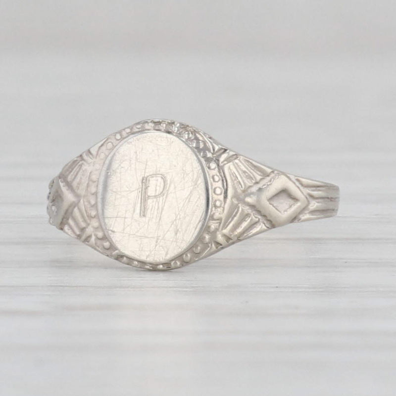 Vintage Engraved Letter "P" Signet Baby Ring 14k White Gold Small Size
