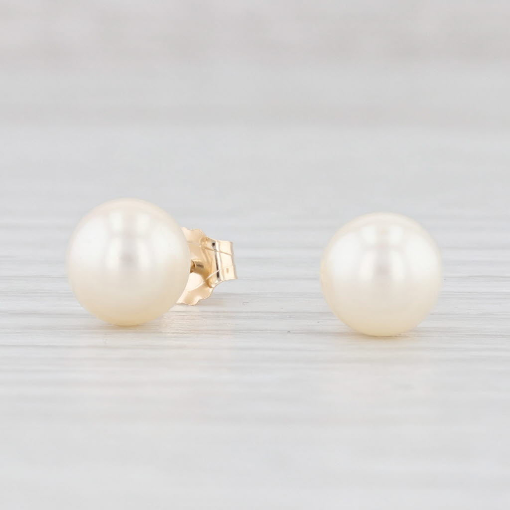 Light Gray Cultured Pearl Solitaire Stud Earrings 14k Yellow Gold June Birthstone