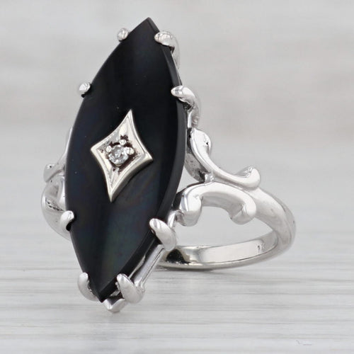 Gray Vintage Onyx Diamond Ring 10k White Gold Signet Size 5.5