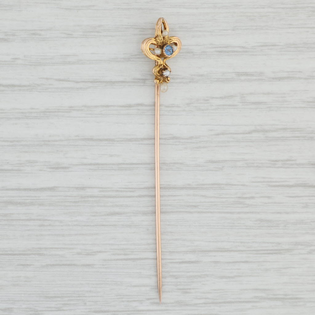 Light Gray Antique Sapphire Pearl Blue Sapphire Stickpin 10k Yellow Gold