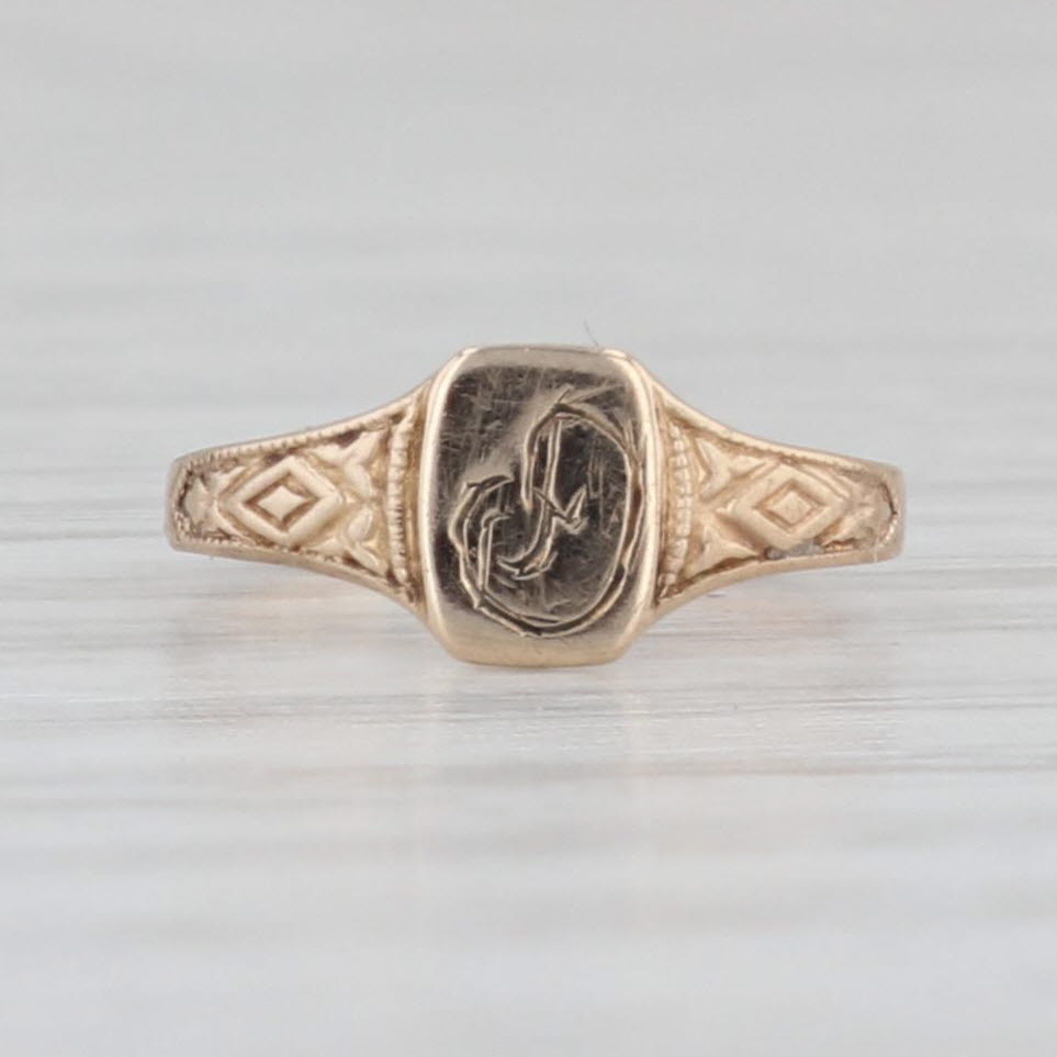 Light Gray Antique Engraved Initial "D" Signet Ring 10k Gold Baby Small Size Keepsake