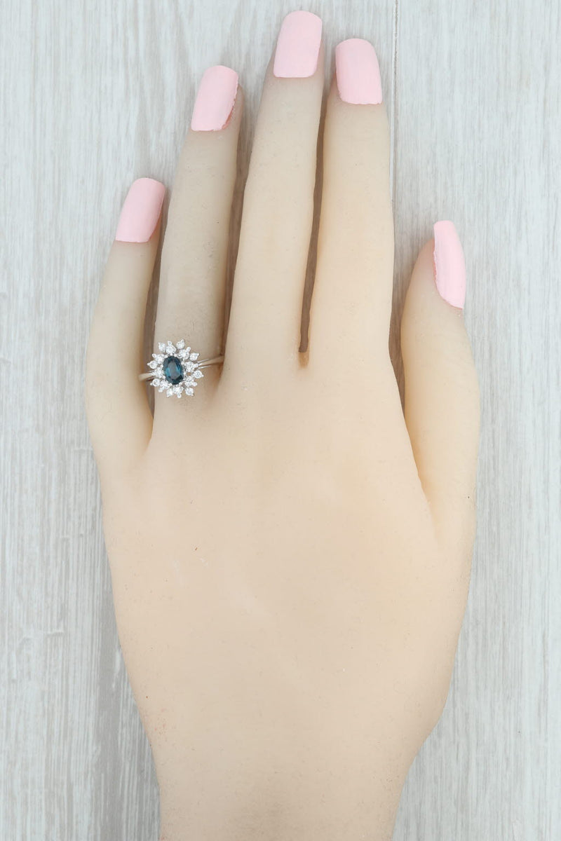 0.88ctw Blue Sapphire White Diamond Halo Ring 14k White Gold Sz 6.75 Engagement