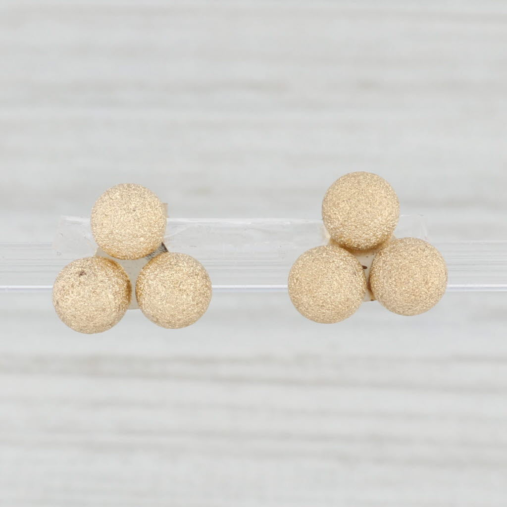 Light Gray 3 Bead Stud Earrings Brushed 14k Yellow Gold Pierced Studs