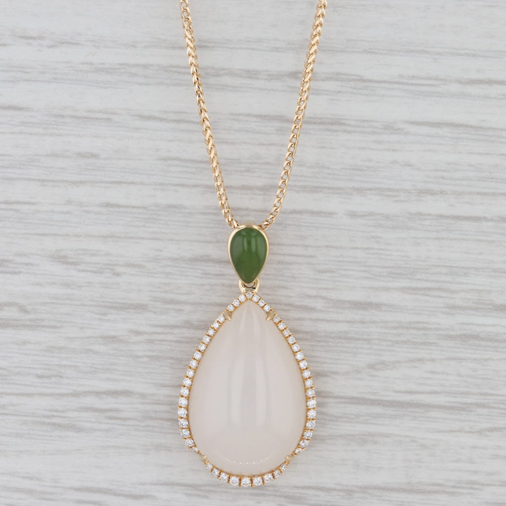 Gray Nephrite Jade Teardrop Diamond Halo Pendant Necklace 14k Yellow Gold 17.5"