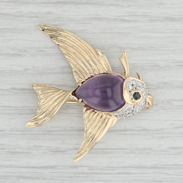Light Gray 6.80ctw Amethyst Diamond Sapphire Angel Fish Brooch 14k Gold Statement Pin