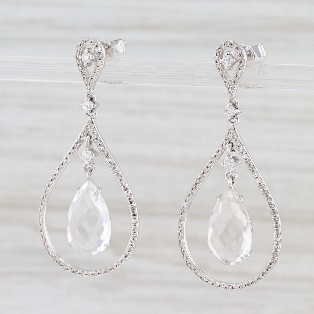 Light Gray New Quartz & Diamond Halo Teardrop Earrings 14k White Gold Pierced Dangles