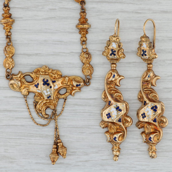 Gray Ornate Antique 1800s Necklace Earrings Set 14k Gold Floral Enamel 16" Lavalier