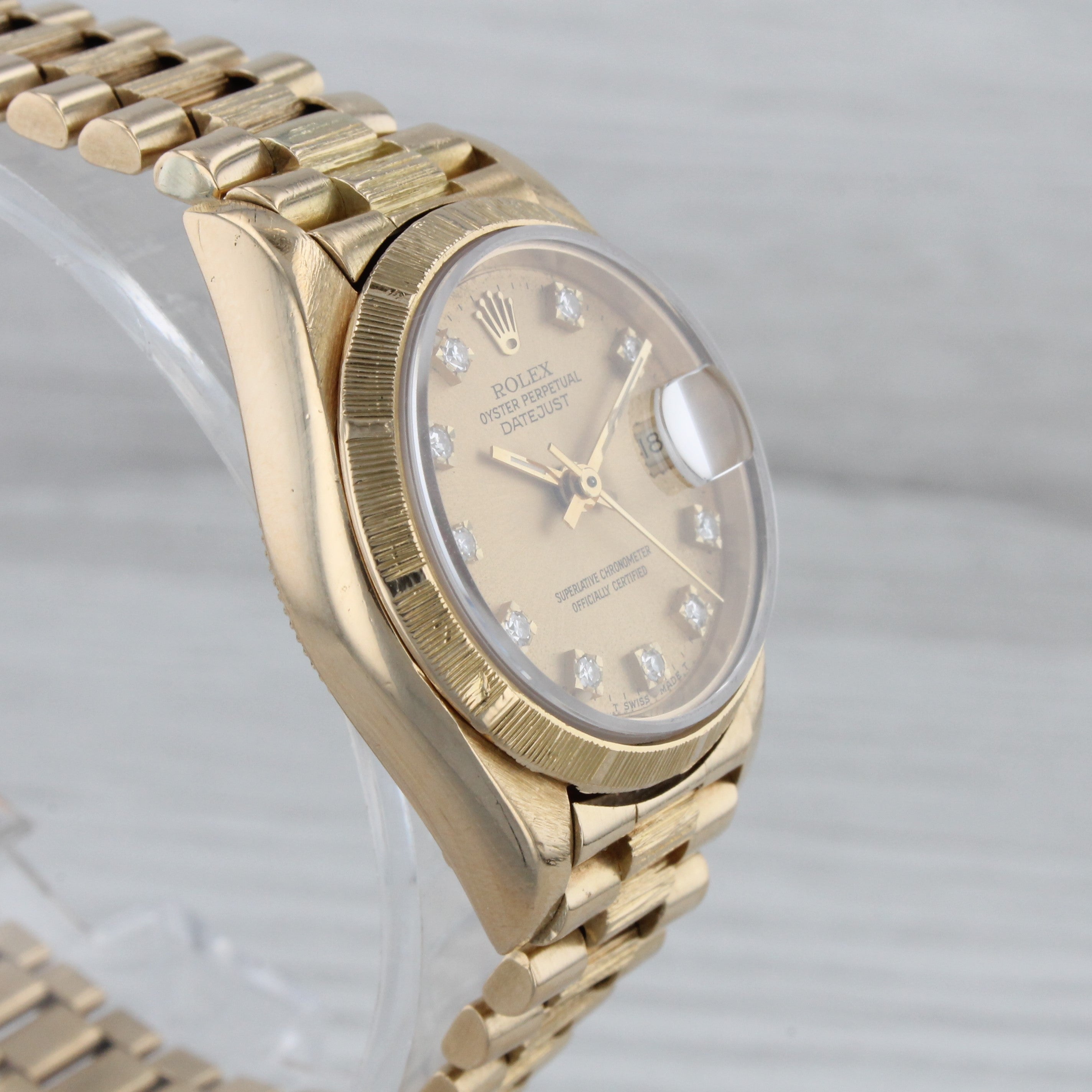 Gray 1987 Rolex Ladies Datejust 69278 18k Gold President Automatic Watch Diamond Dial