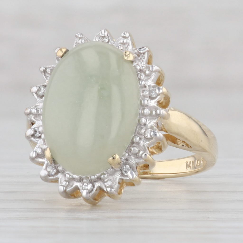 Gray Green Jadeite Jade Oval Cabochon Diamond Halo Ring 14k Yellow Gold Size 6.75