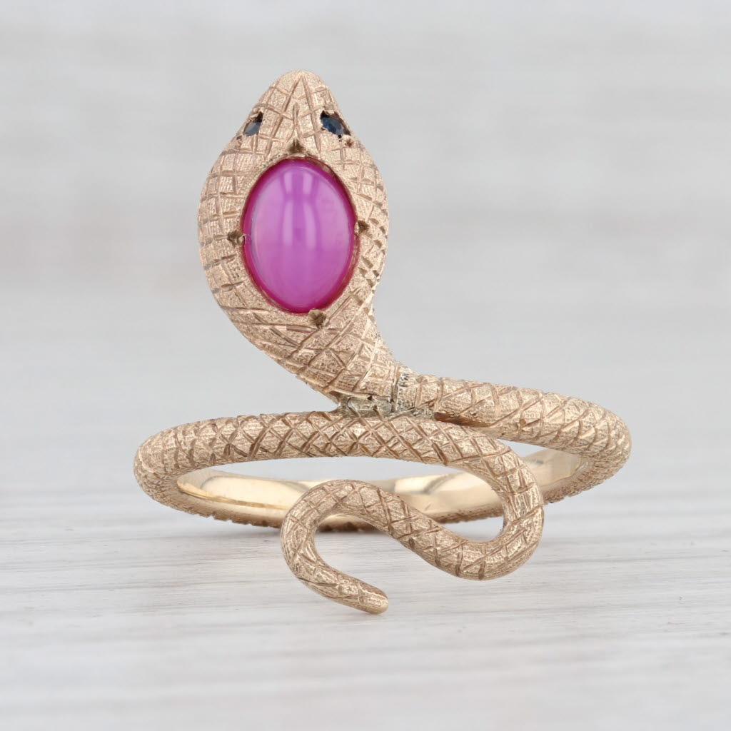 Light Gray Coiled Snake Ring Synthetic Star Ruby Blue Sapphire 10k Yellow Gold Size 9.75