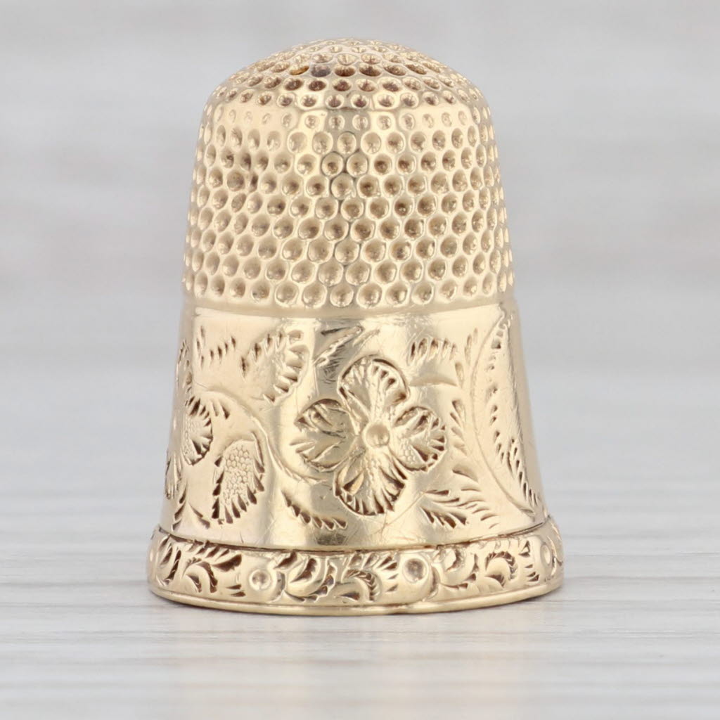 Light Gray Antique Size 7 Floral Thimble 14k Yellow Gold Sewing Collectible Engravable