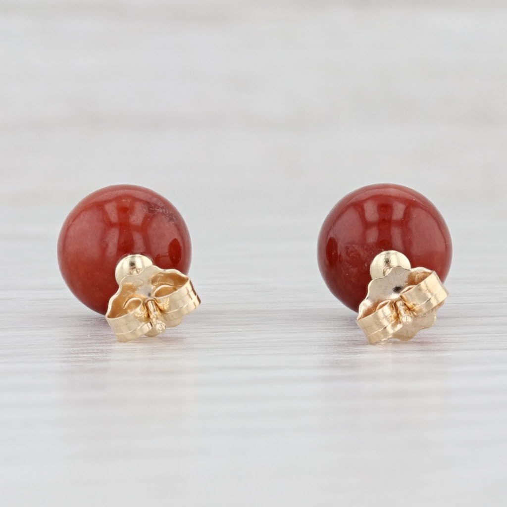 Light Gray Red Jadeite Jade Bead Stud Earrings 14k Yellow Gold 8.2mm