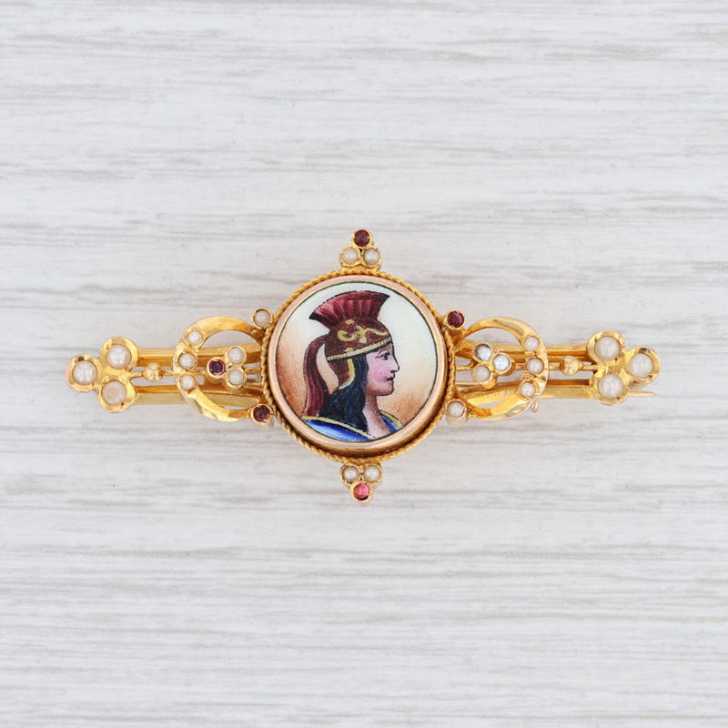 Antique Soldiers Bust Brooch 12k Yellow Gold Glass Enamel Portrait 1800s Pin
