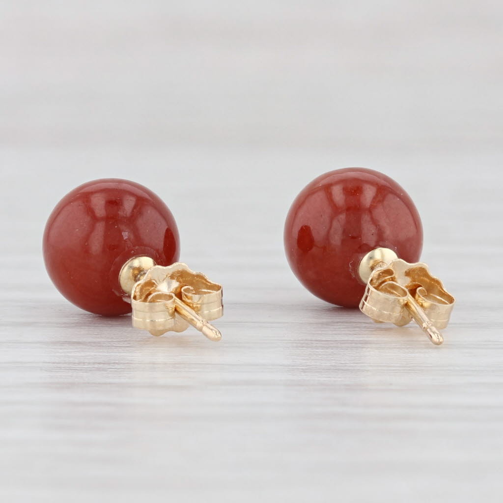 Light Gray Red Jadeite Jade Bead Stud Earrings 14k Yellow Gold