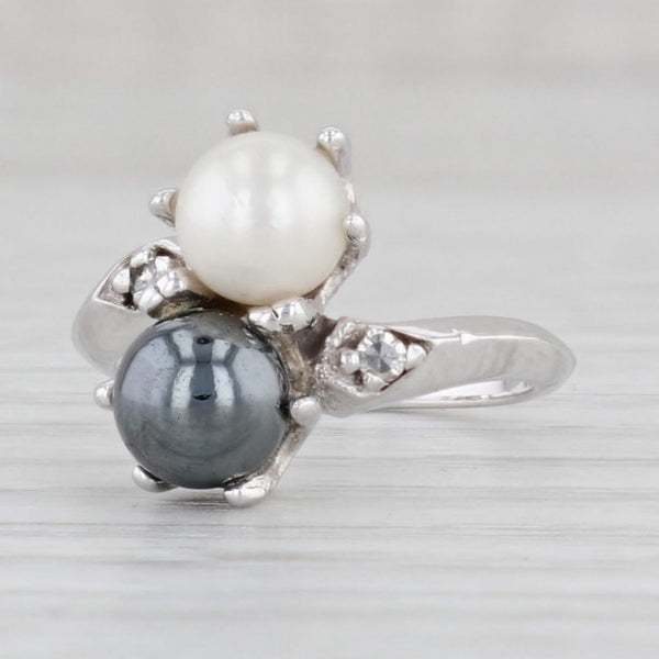 Light Gray Cultured Pearl Hematite Bypass Ring 14k White Gold Diamond Accents Size 3.5