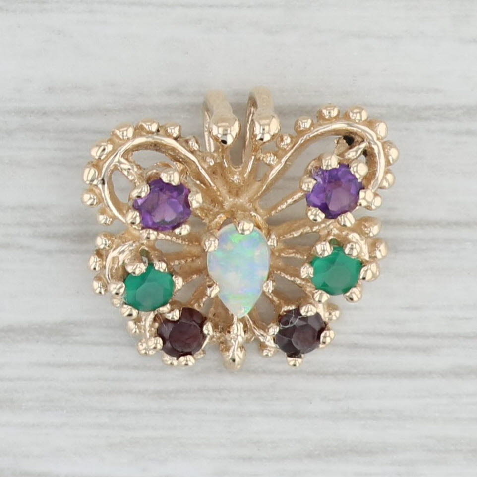 Light Gray Gemstone Butterfly Pendant 14k Yellow Gold Opal Amethyst Chalcedony Garnet