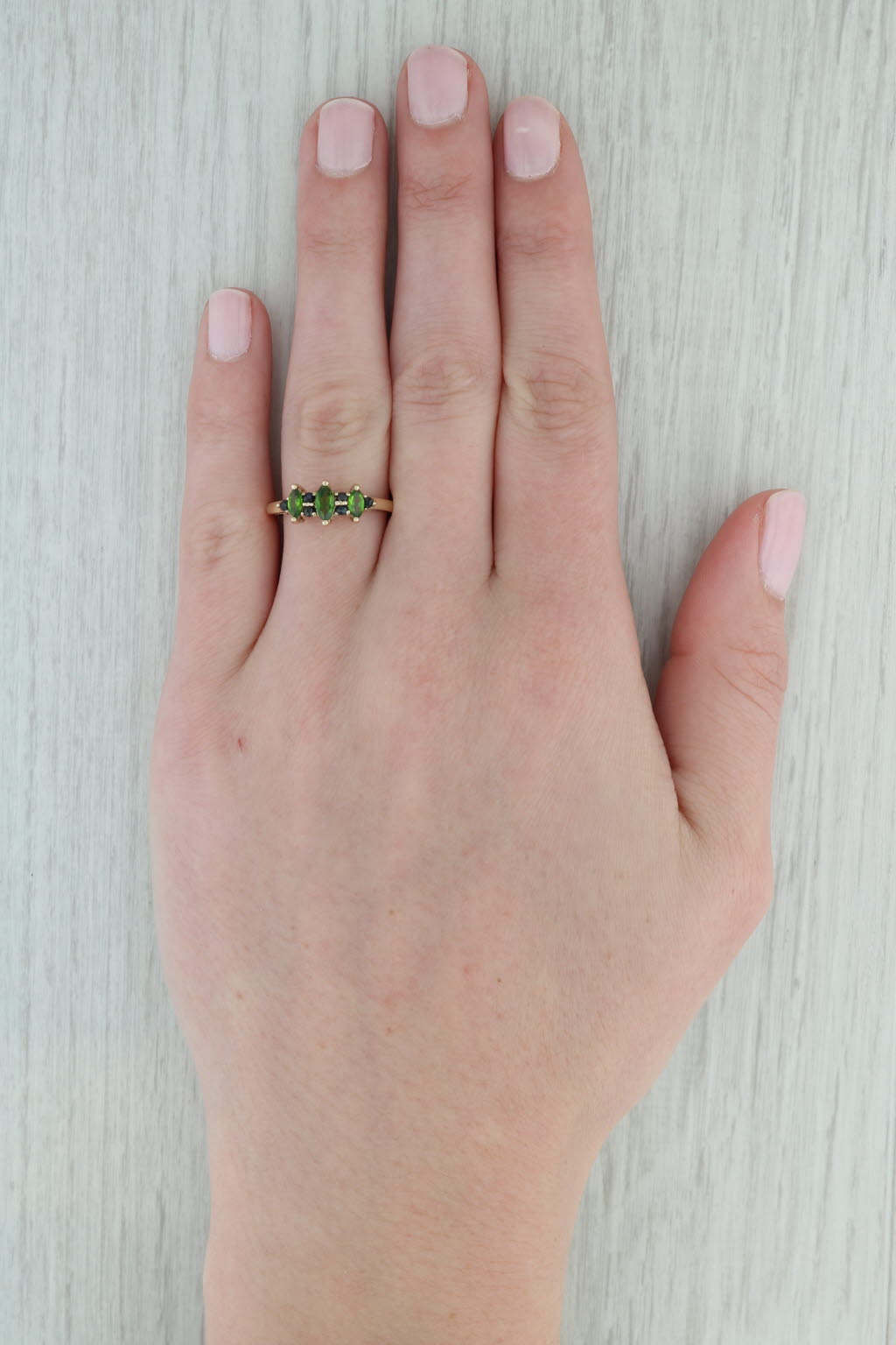 Gray 0.65ctw Green Chrome Diopside Blue Sapphire Ring 14k Gold Marquise 3-Stone