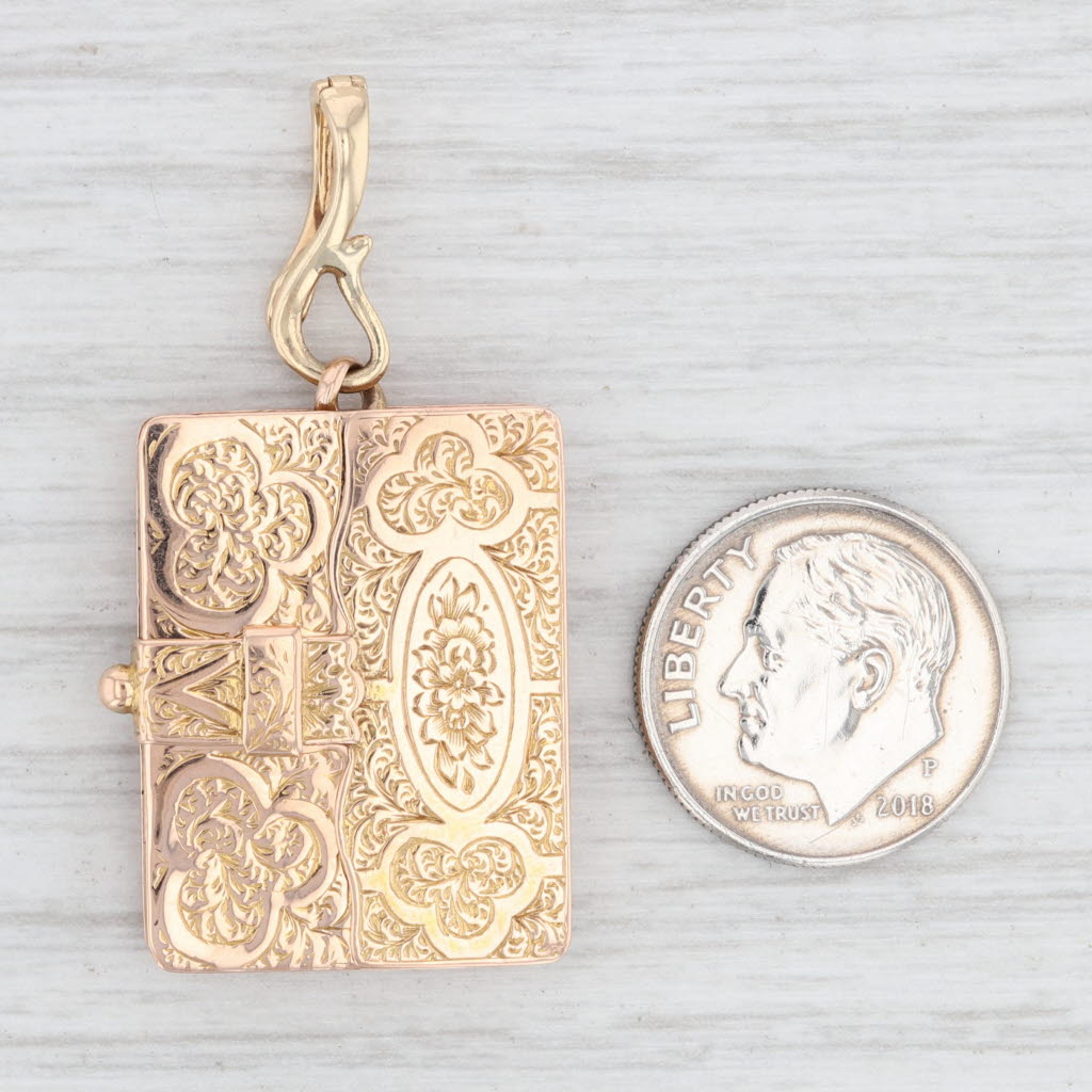 Light Gray Victorian Folding Book Locket Pendant 14k Rose Gold Floral Engravable